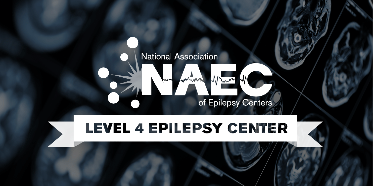 Graphic displaying the National Association of Epilepsy Centers logo with the text “Level 4 Epilepsy Center” over medical brain imaging.