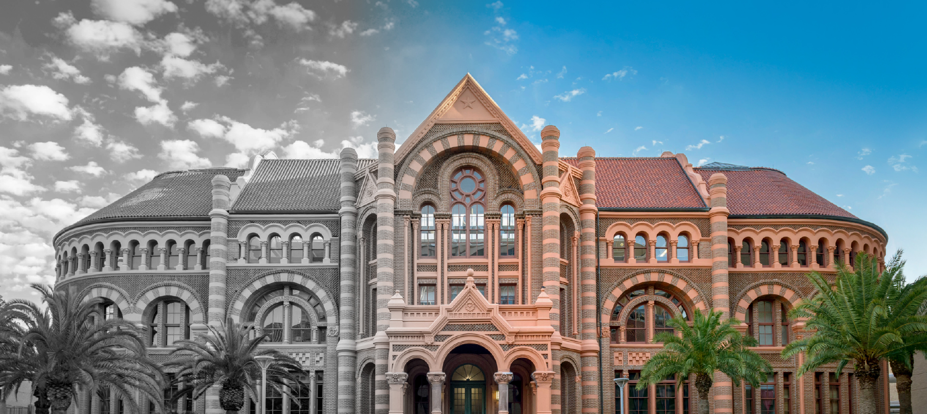 Historic brick building with a central staircase and arched entrance is shown flanked by palm trees and lawn areas. The left half of the building is shown in black and white, transitioning to color on the right half.