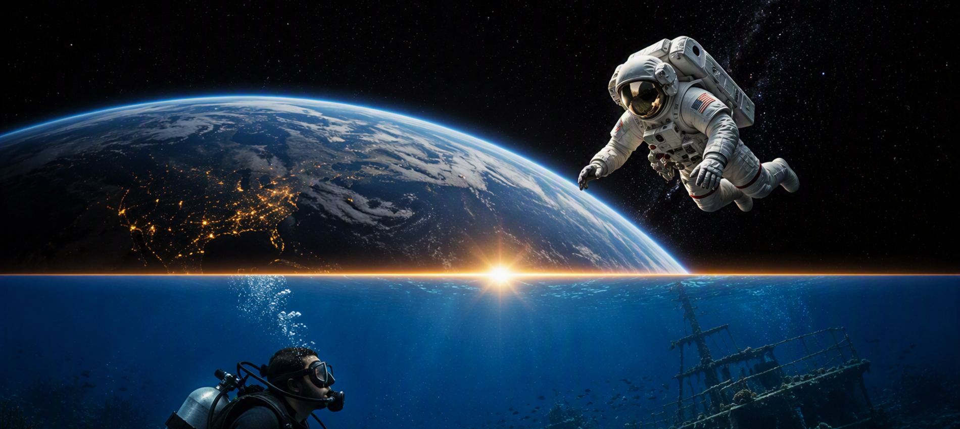 AI-generated composite illustration shows an astronaut floating above Earth in space while a scuba diver explores an underwater shipwreck below the ocean surface, divided by a horizon at sunrise.