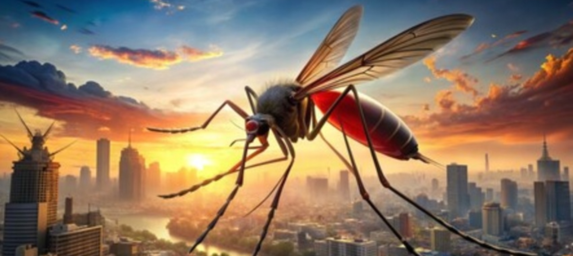 A giant, highly detailed mosquito hovers over a modern city skyline at sunset, its translucent wings glowing in warm orange light.