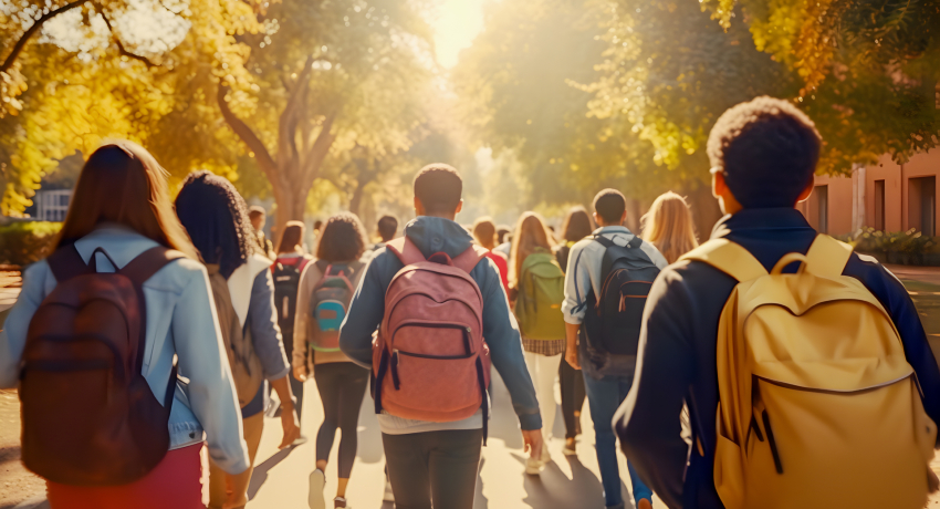 Children of various ages wearing backpacks walk along a tree‑lined campus walkway, viewed from behind, with buildings visible to the side in warm daylight.