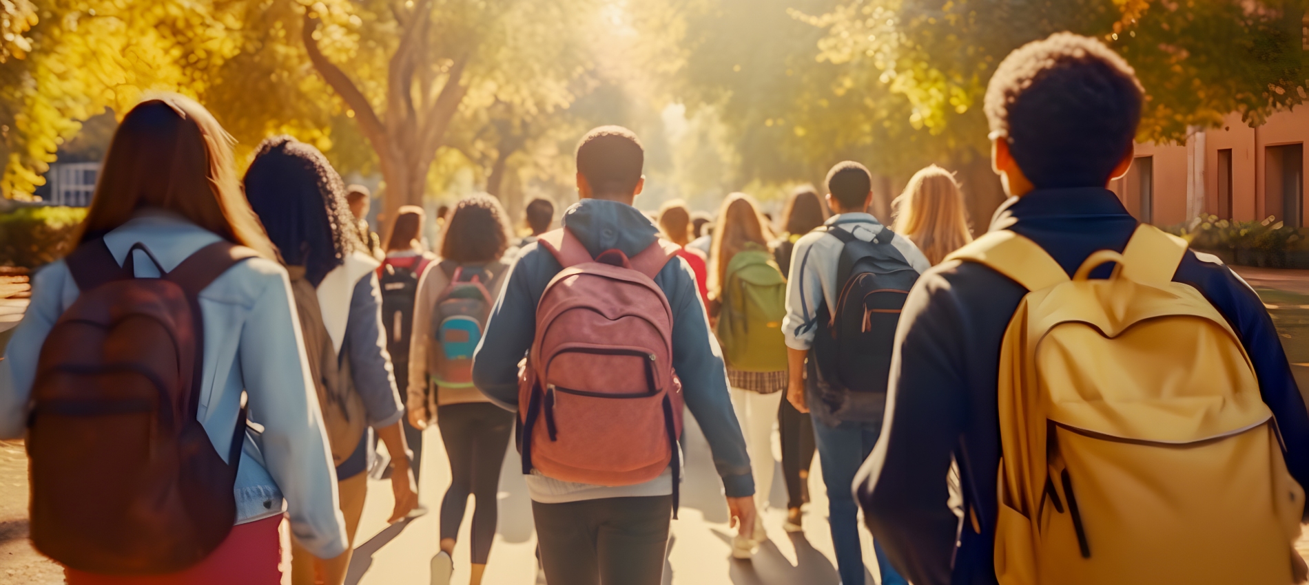 Children of various ages wearing backpacks walk along a tree‑lined campus walkway, viewed from behind, with buildings visible to the side in warm daylight.