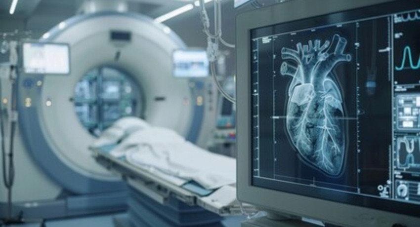 Close up of a heart scan on a monitor with CT machine in background