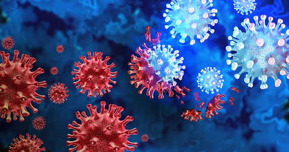 Illustration of red and blue coronavirus particles against a dark blue background