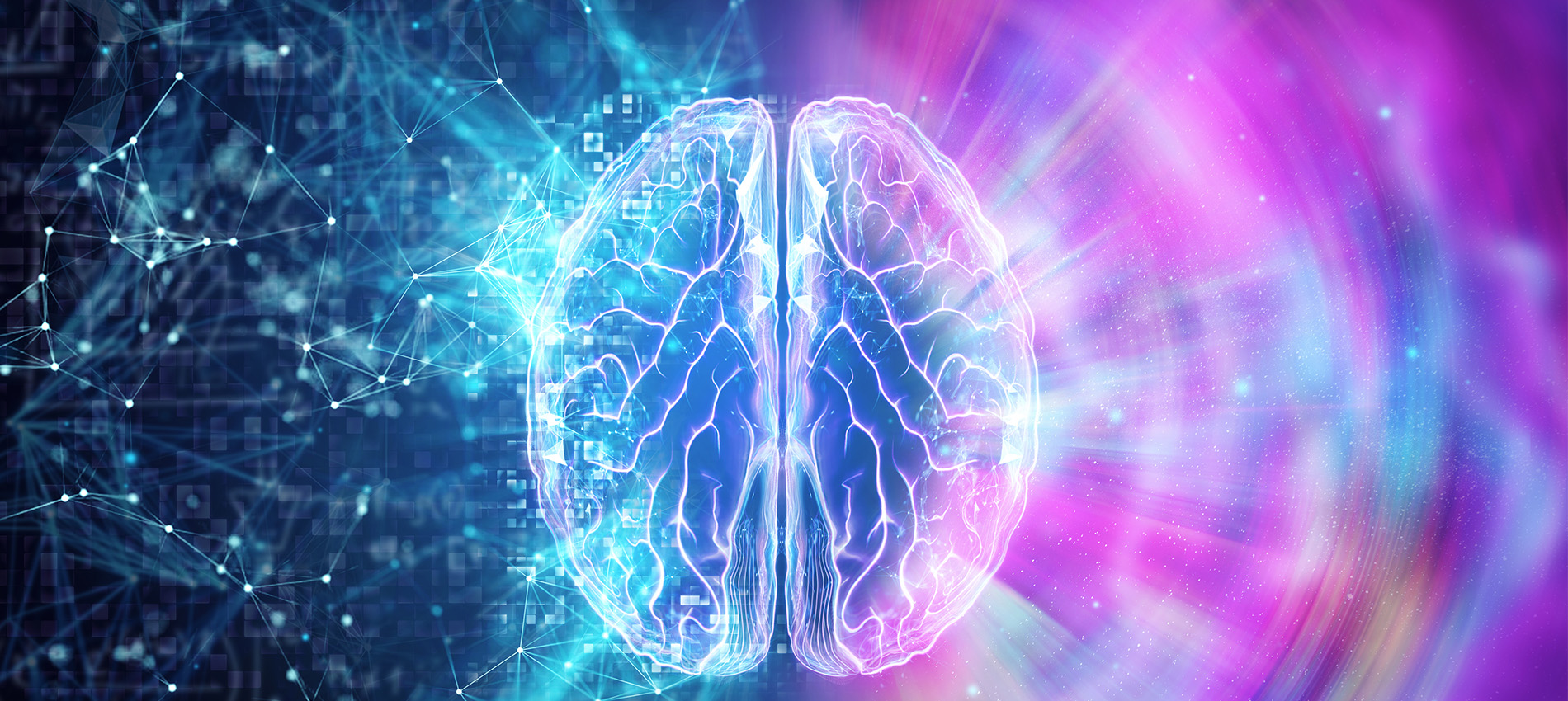 Digital illustration of a human brain with glowing neural pathways, split between a blue network of connected nodes on the left and a pink, radiant light on the right.
