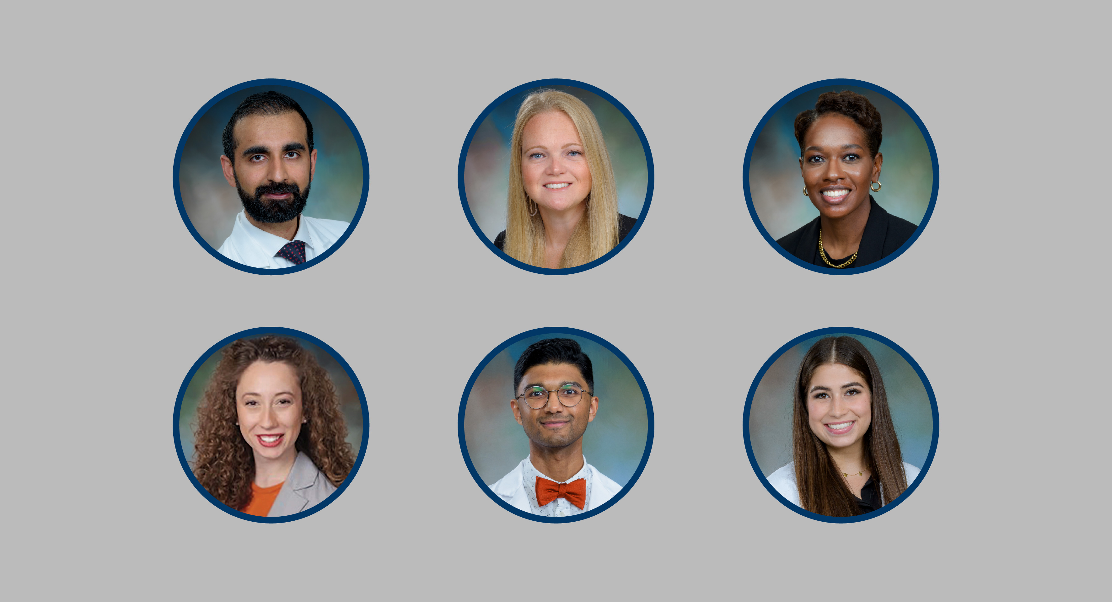Six circular professional headshots arranged in two rows of three on a light gray background. Each portrait is framed by a blue circular border.