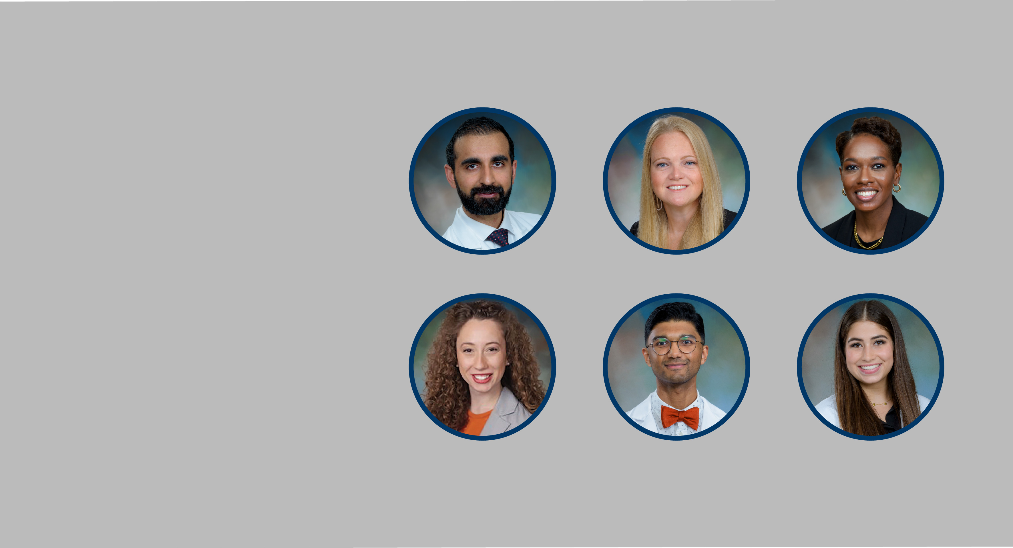 Six circular professional headshots arranged in two rows of three on a light gray background. Each portrait is framed by a blue circular border.