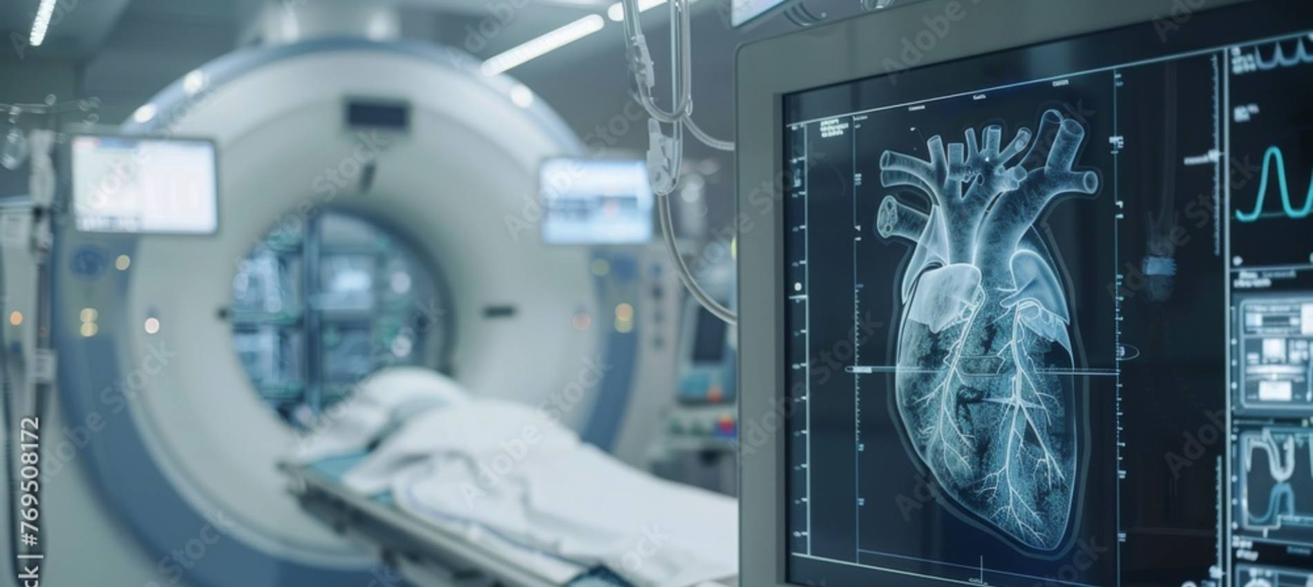 Close up of a heart scan on a monitor with CT machine in background