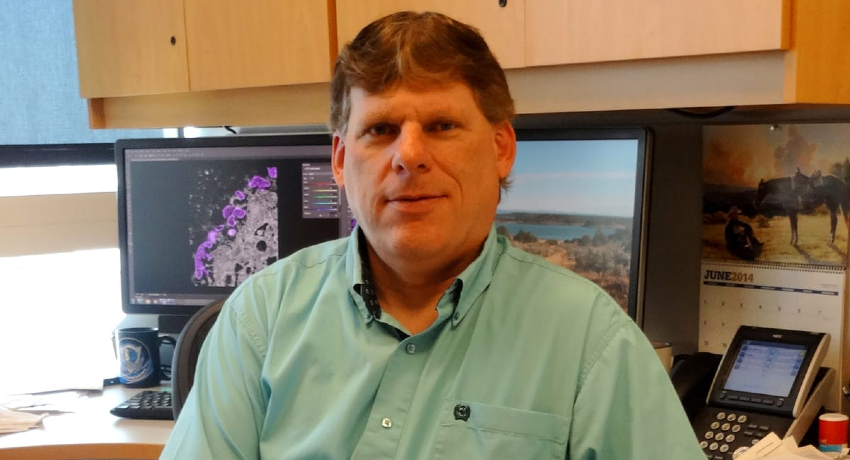 A man with short brown hair wearing a green shirt is seated at a desk with two computer monitors; one monitor displays a magnified grayscale surface with purple highlights, and the other shows a landscape wallpaper and a wall calendar.