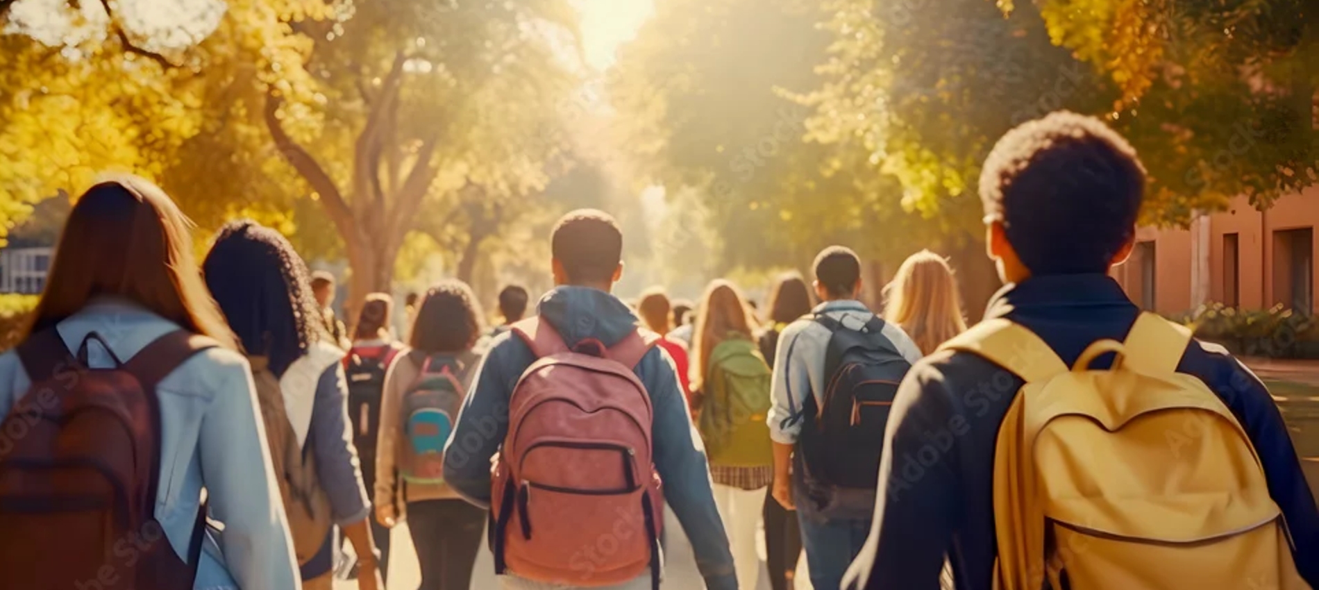 Back view of a diverse group of students wearing backpacks walking along a sunlit, tree-lined campus path, with light filtering through the trees and school buildings visible in the background.