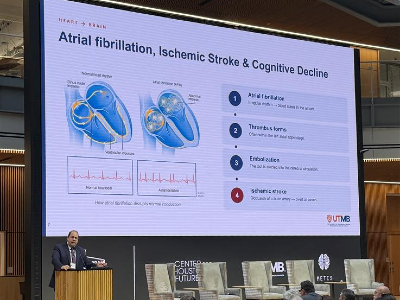Presenter stands at a podium beside a large screen displaying a slide titled “Atrial fibrillation, Ischemic Stroke & Cognitive Decline,” with heart diagrams and bullet points. Audience members are seated in front of the stage in a conference setting.