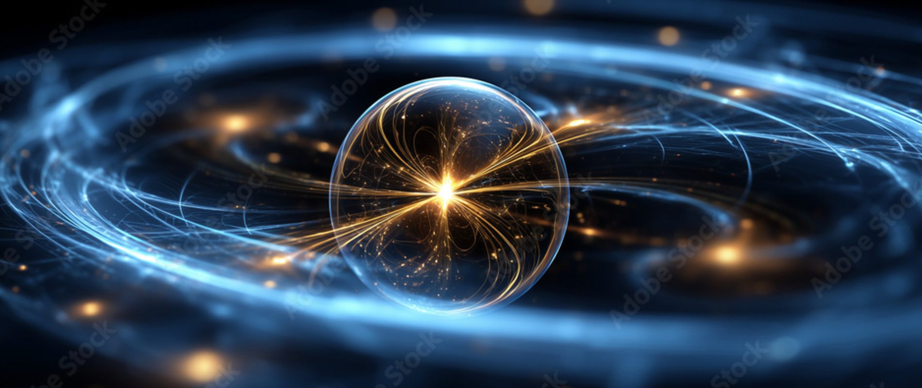 A glowing, glass-like sphere radiates golden energy at its core while surrounded by swirling blue light trails and orbit-like rings