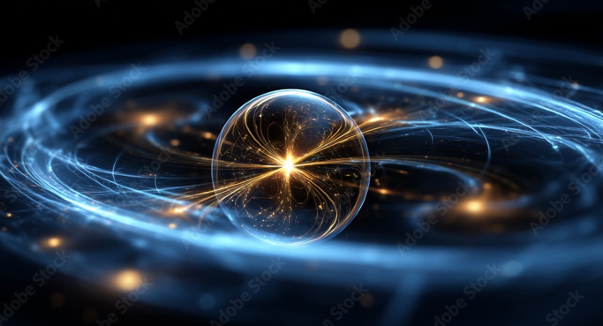 A glowing, glass-like sphere radiates golden energy at its core while surrounded by swirling blue light trails and orbit-like rings