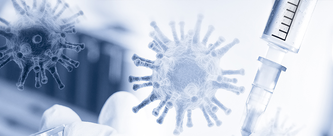 Illustrative image showing coronavirus particles alongside a medical syringe, symbolizing vaccination and protection against infectious disease