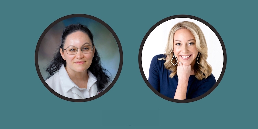 Two side‑by‑side headshots show UTMB Health OBGYN Dr. Marisol Carpio‑Solis on the left and Houston Moms representative Meagan Clanahan on the right, representing a discussion on cervical cancer awareness, screening and HPV prevention