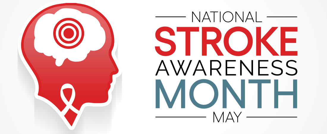 National Stroke Awareness Month graphic showing a stylized head and brain icon with awareness ribbon and the words “Stroke Awareness Month – May”